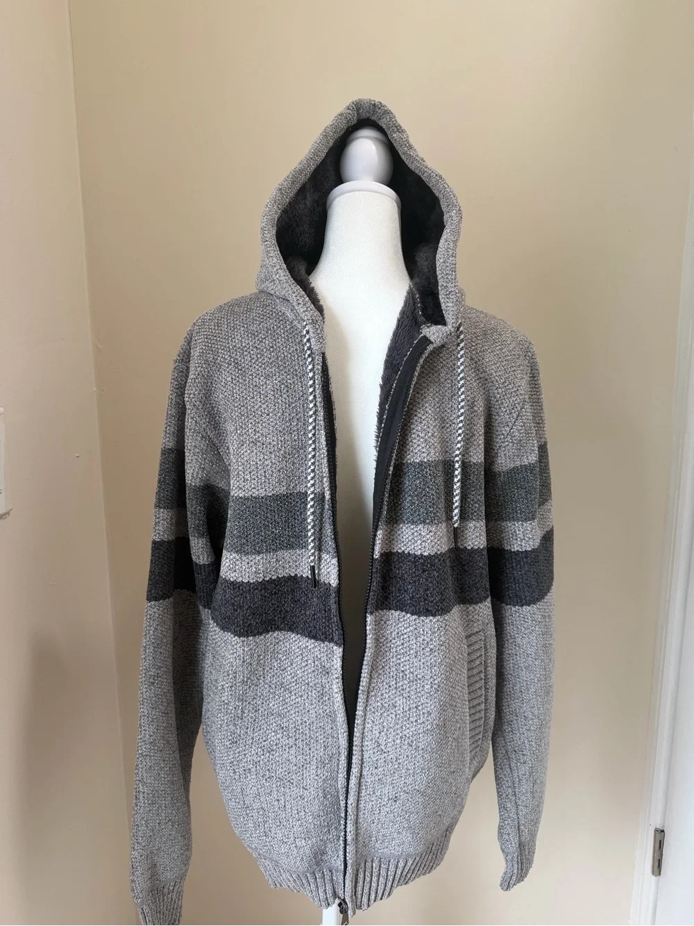 Men's Hooded Zip Sweater in Gray with Stripe Accents